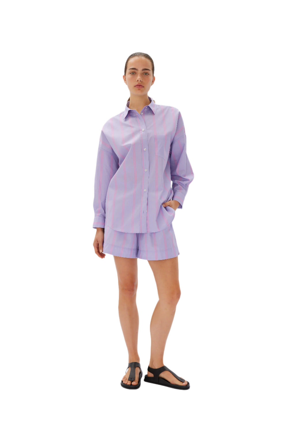 LMND The Chiara Shirt Mid Length Two Stripe Violet Light/Bubble Gum | Halcyon Atelier