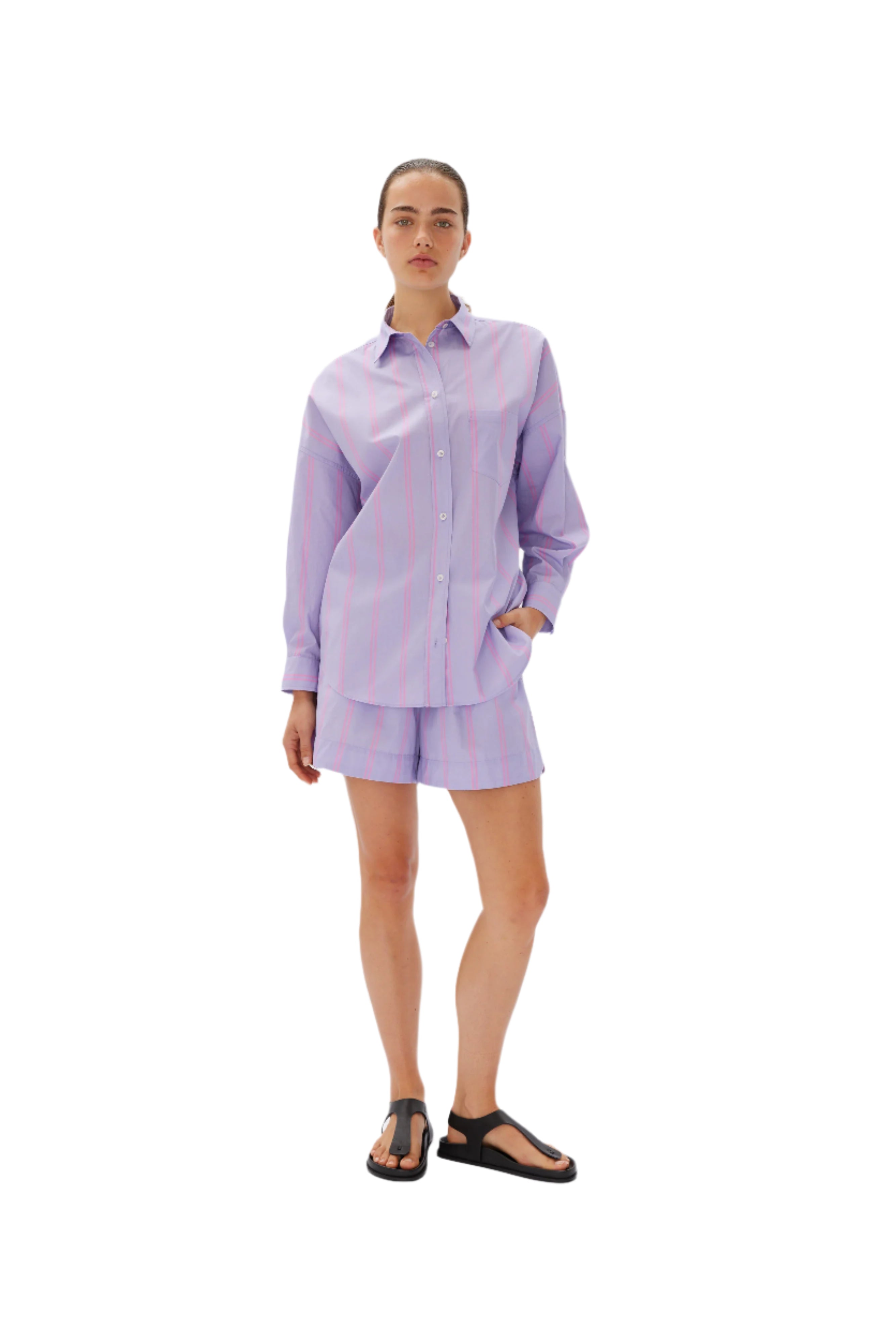 LMND The Chiara Shirt Mid Length Two Stripe Violet Light/Bubble Gum | Halcyon Atelier