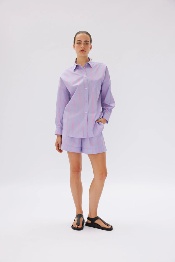 LMND The Chiara Shirt Mid Length Two Stripe Violet Light/Bubble Gum | Halcyon Atelier