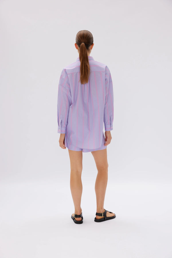 LMND The Chiara Shirt Mid Length Two Stripe Violet Light/Bubble Gum | Halcyon Atelier