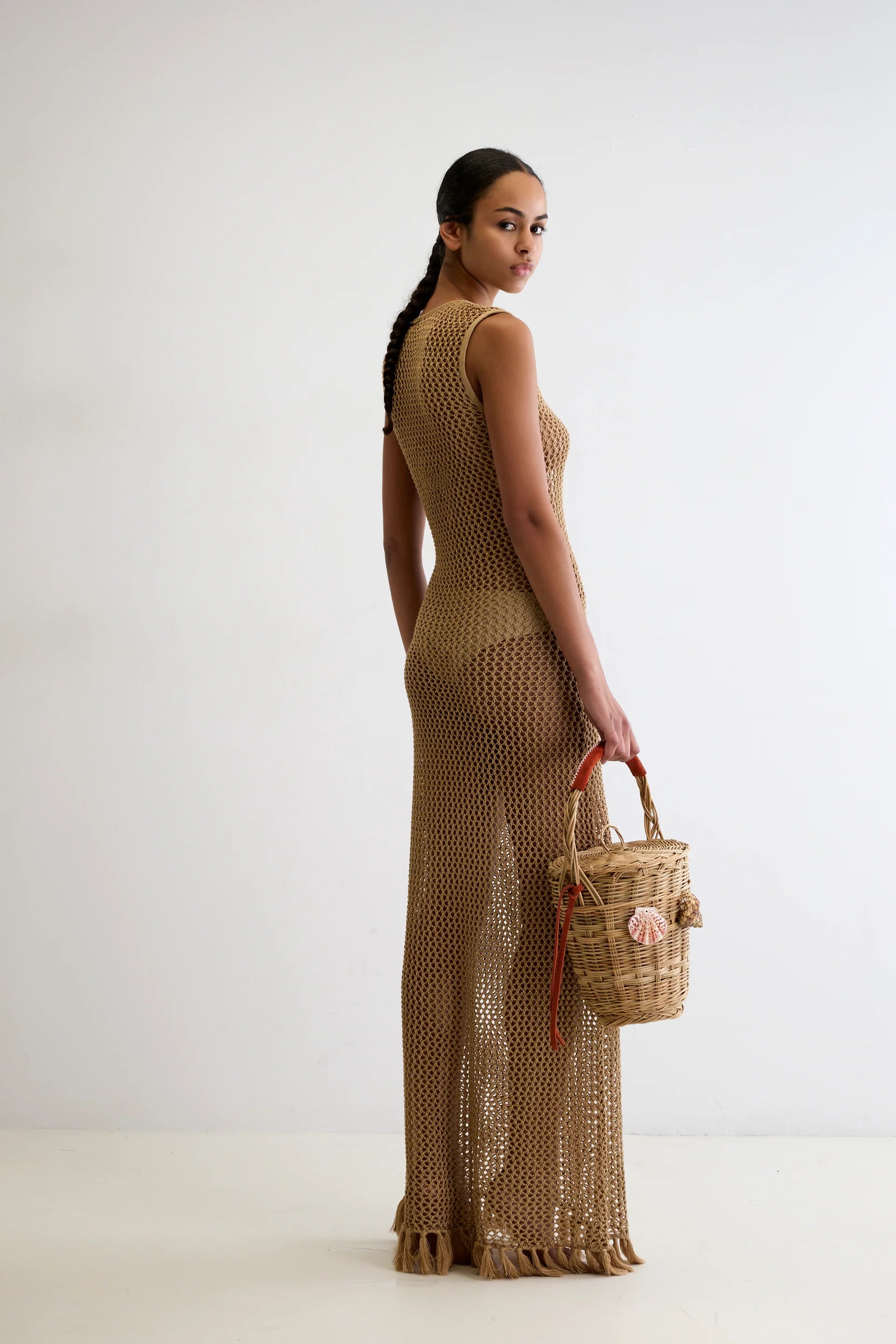 ANCIENT KALLOS IVI Crochet Long Dress with Handmade Tassels Gold | Halcyon Atelier