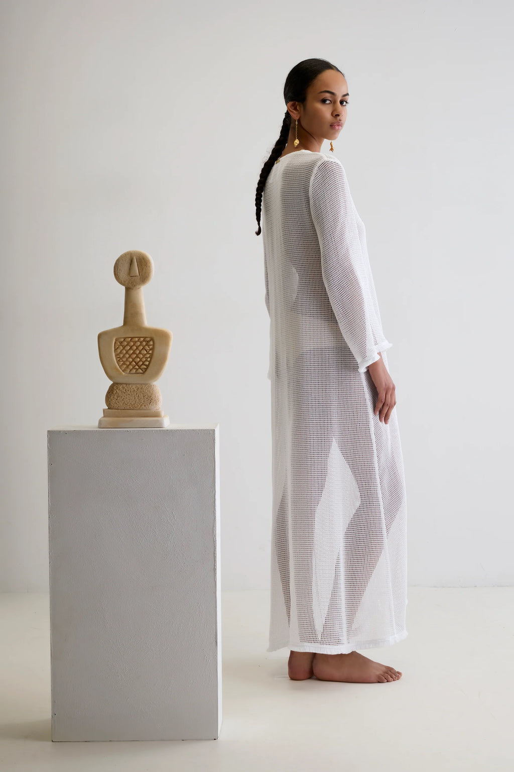 ANCIENT KALLOS Hippocampus Net Long Kaftan White | Halcyon Atelier