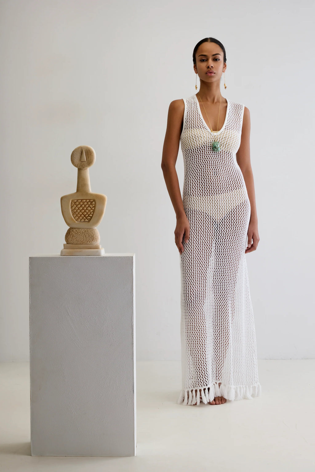 ANCIENT KALLOS IVI Crochet Long Dress with Handmade Tassels White | Halcyon Atelier