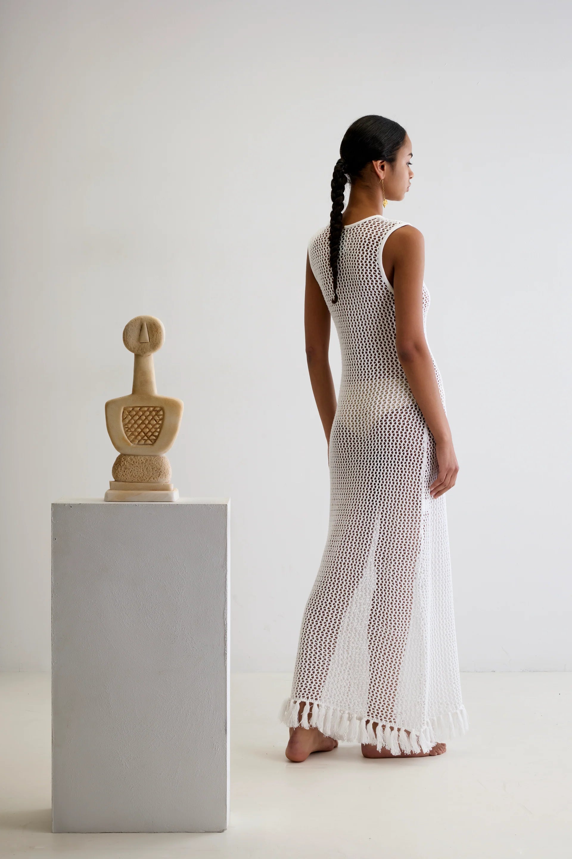 ANCIENT KALLOS IVI Crochet Long Dress with Handmade Tassels White | Halcyon Atelier