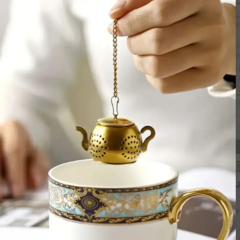 Gold Teapot Infuser with Drip Tray – Stainless Steel Loose Leaf Strainer