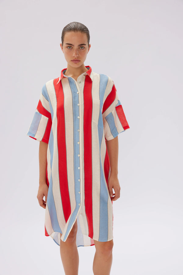 LMND The Marala Short Sleeve Dress Stripes Toffee Apple/Azure | Halcyon Atelier