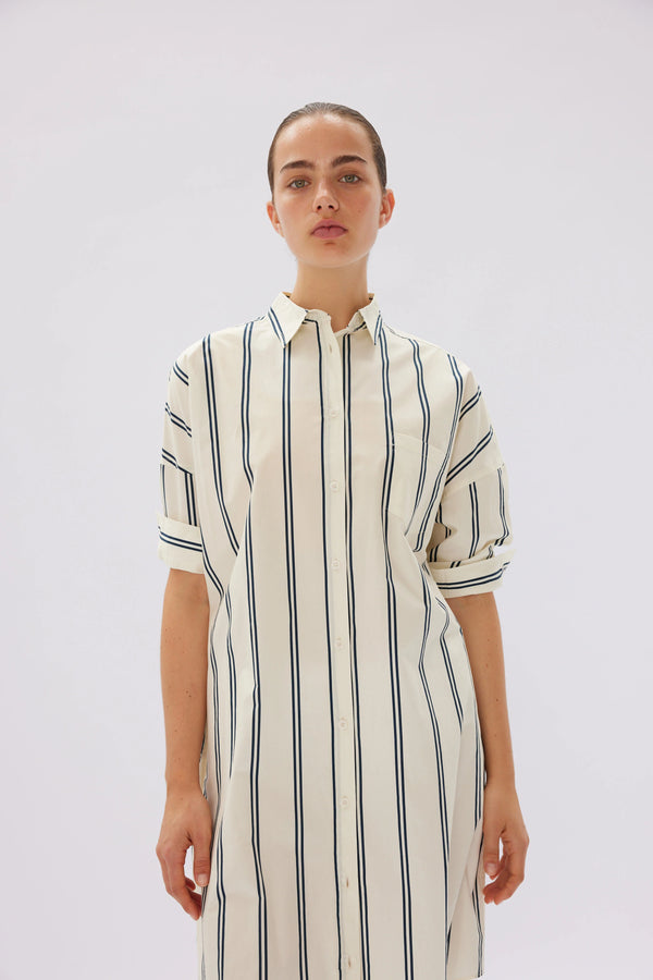 LMND The Chiara Shirt Dress Two Stripe Vanilla/Navy | Halcyon Atelier