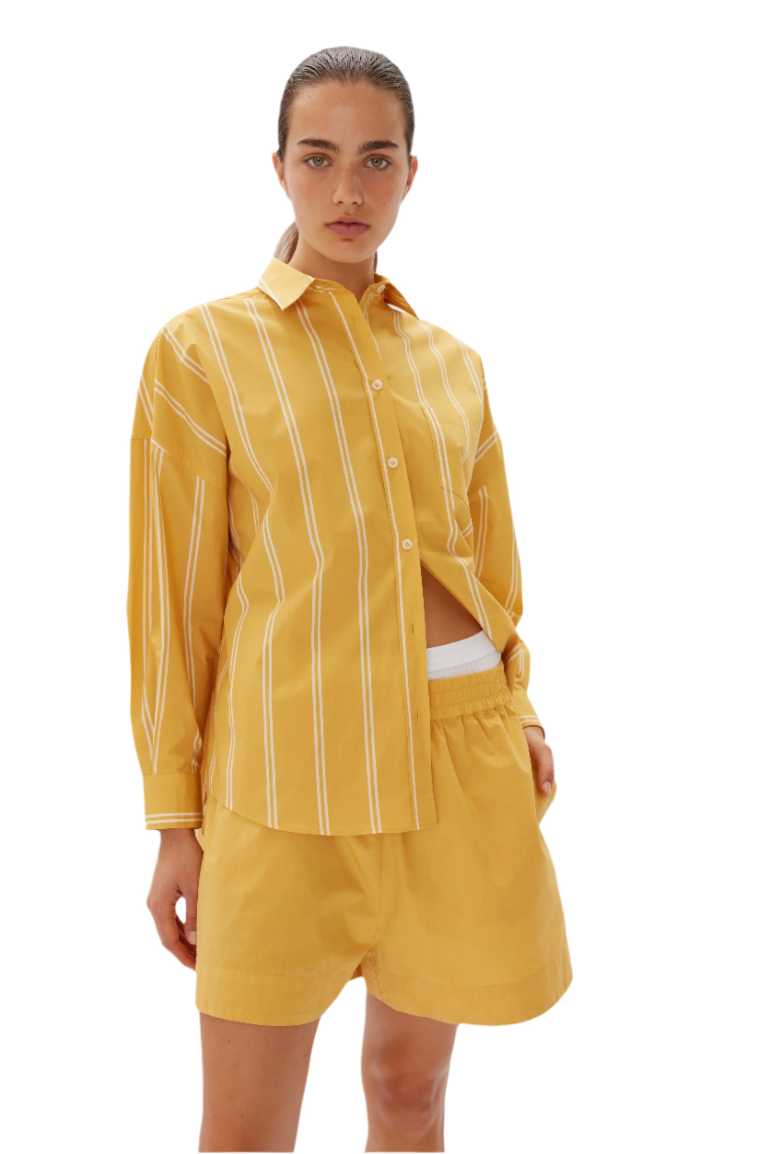 LMND The Chiara Shirt Mid Length Two Stripe Dijon/Vanilla | Halcyon Atelier