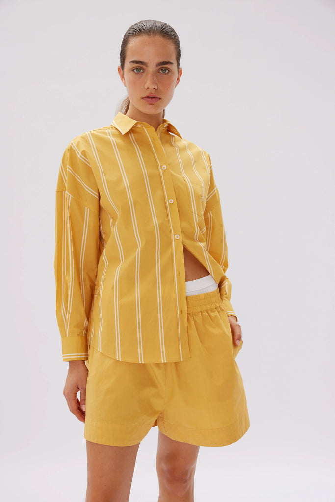 LMND The Chiara Shirt Mid Length Two Stripe Dijon/Vanilla | Halcyon Atelier