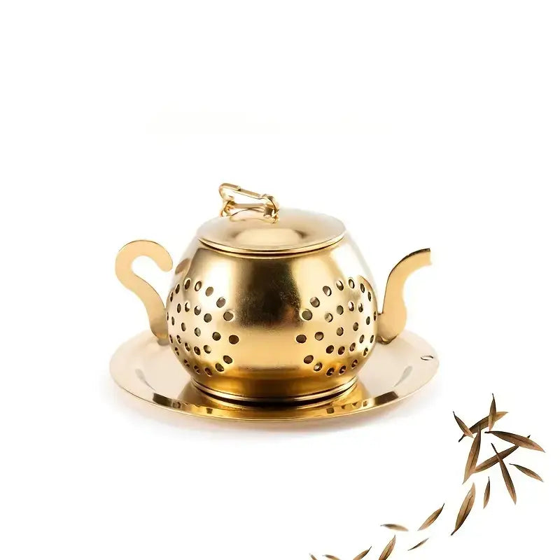 Gold Teapot Infuser with Drip Tray – Stainless Steel Loose Leaf Strainer