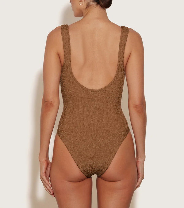 HUNZA G Celine Swim with Fabric Covered Hoops Metallic Cocoa | Halcyon Atelier