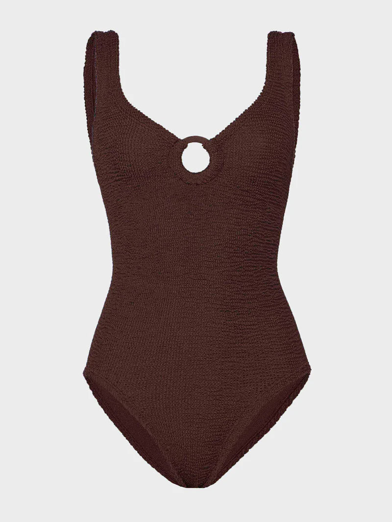 Coverage Celine Swimsuit With Tonal Hoops Metallic Chocolate