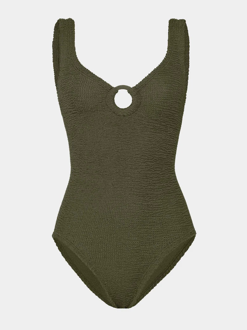 Coverage Celine Swimsuit With Tonal Hoops Metallic Khaki
