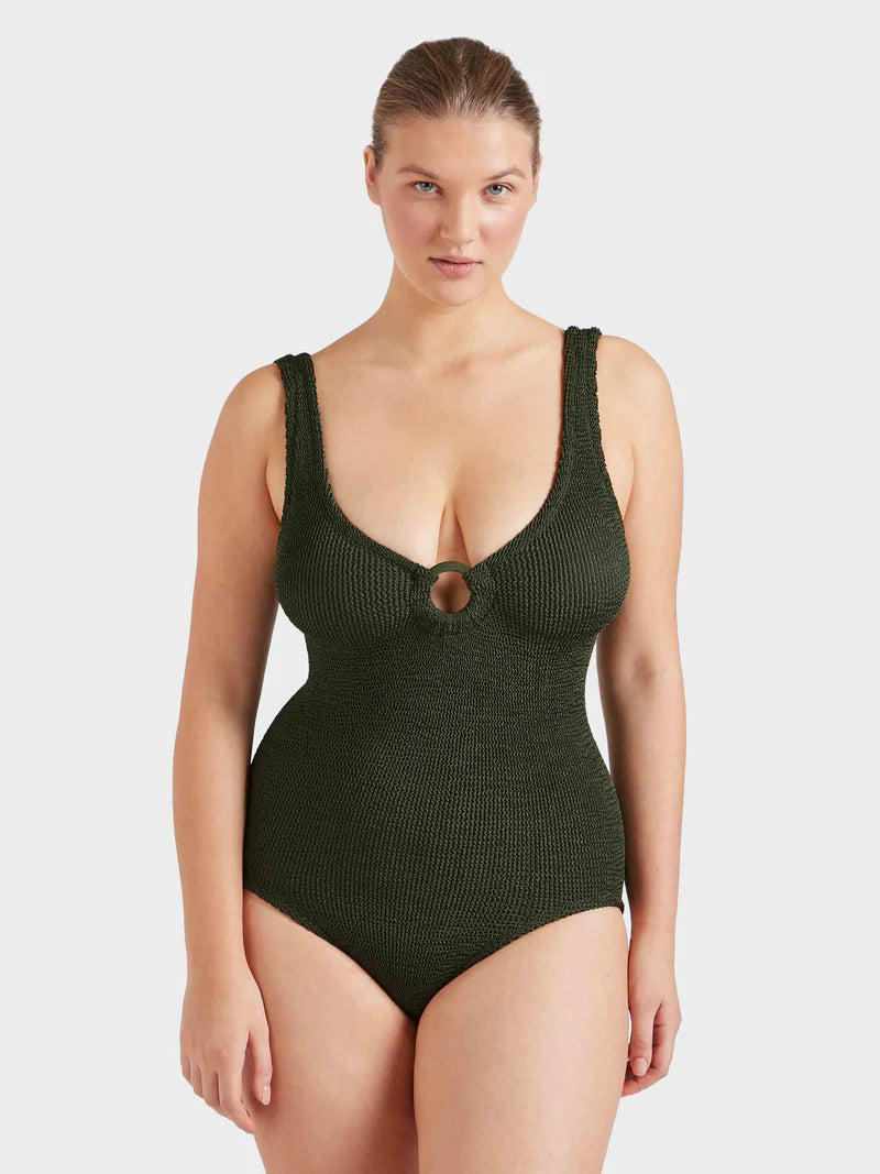 Coverage Celine Swimsuit With Tonal Hoops Metallic Khaki