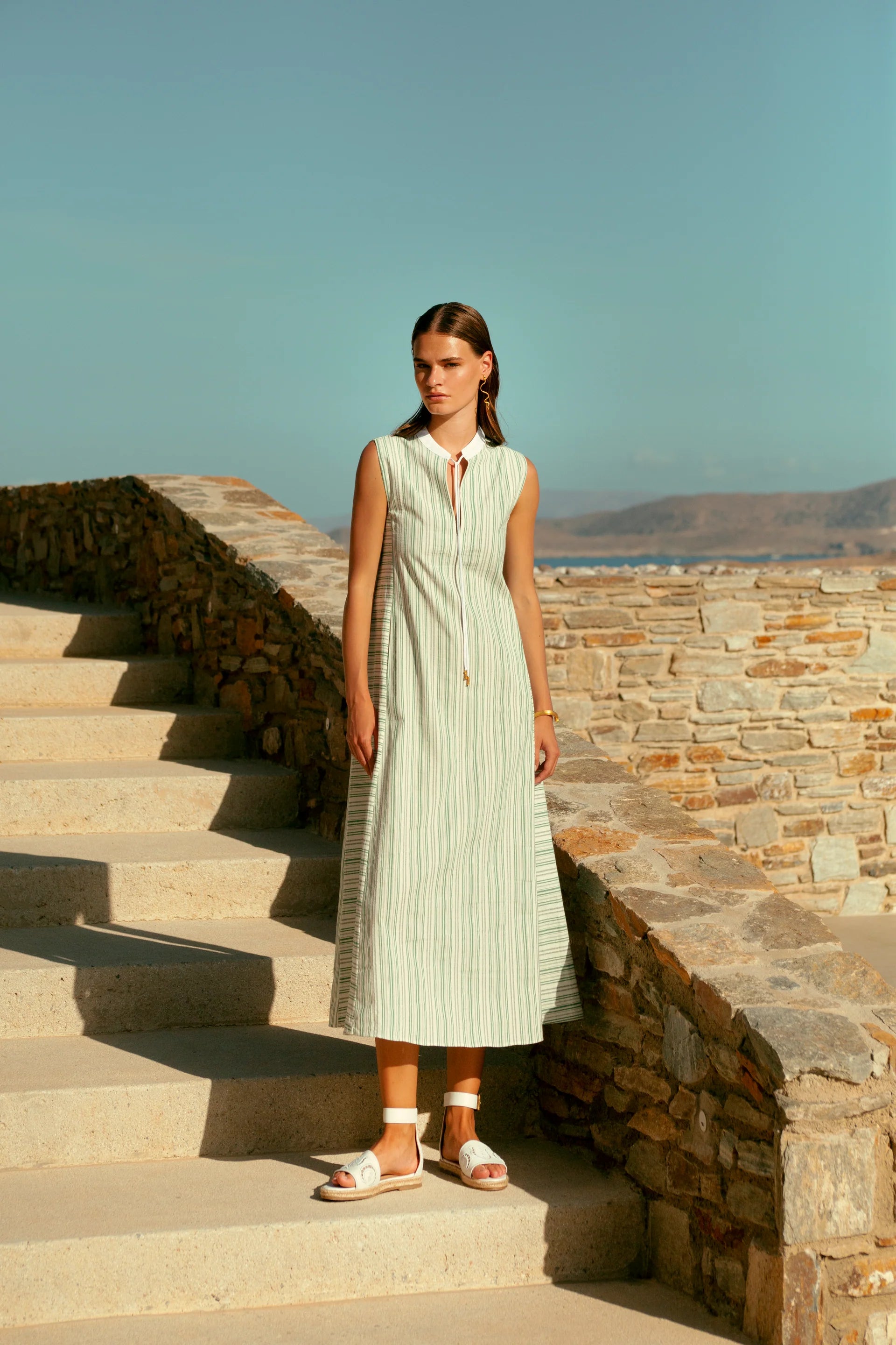 ANCIENT KALLOS Flora Long Kaftan Green/White | Halcyon Atelier