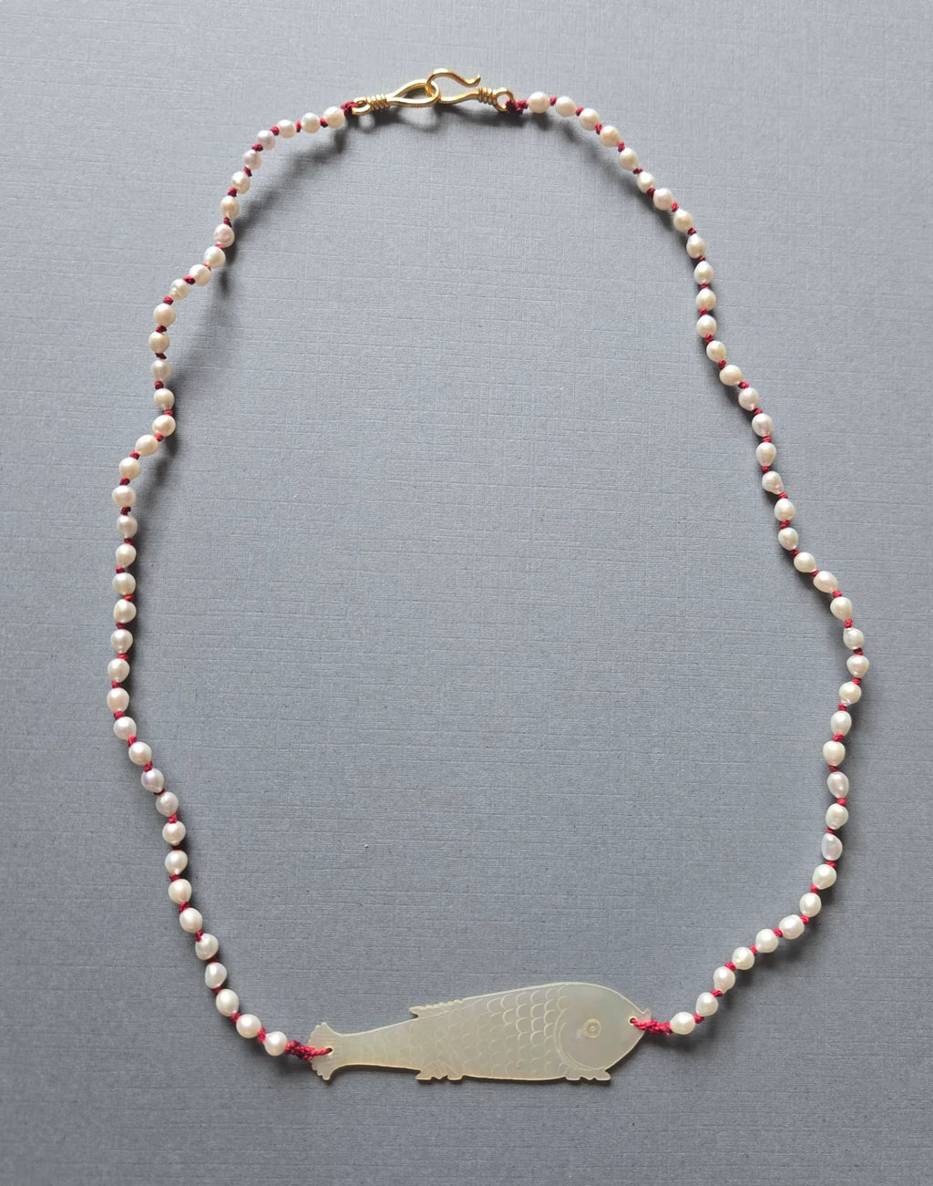 Silk Cord & Pearl Antique Fish Necklace