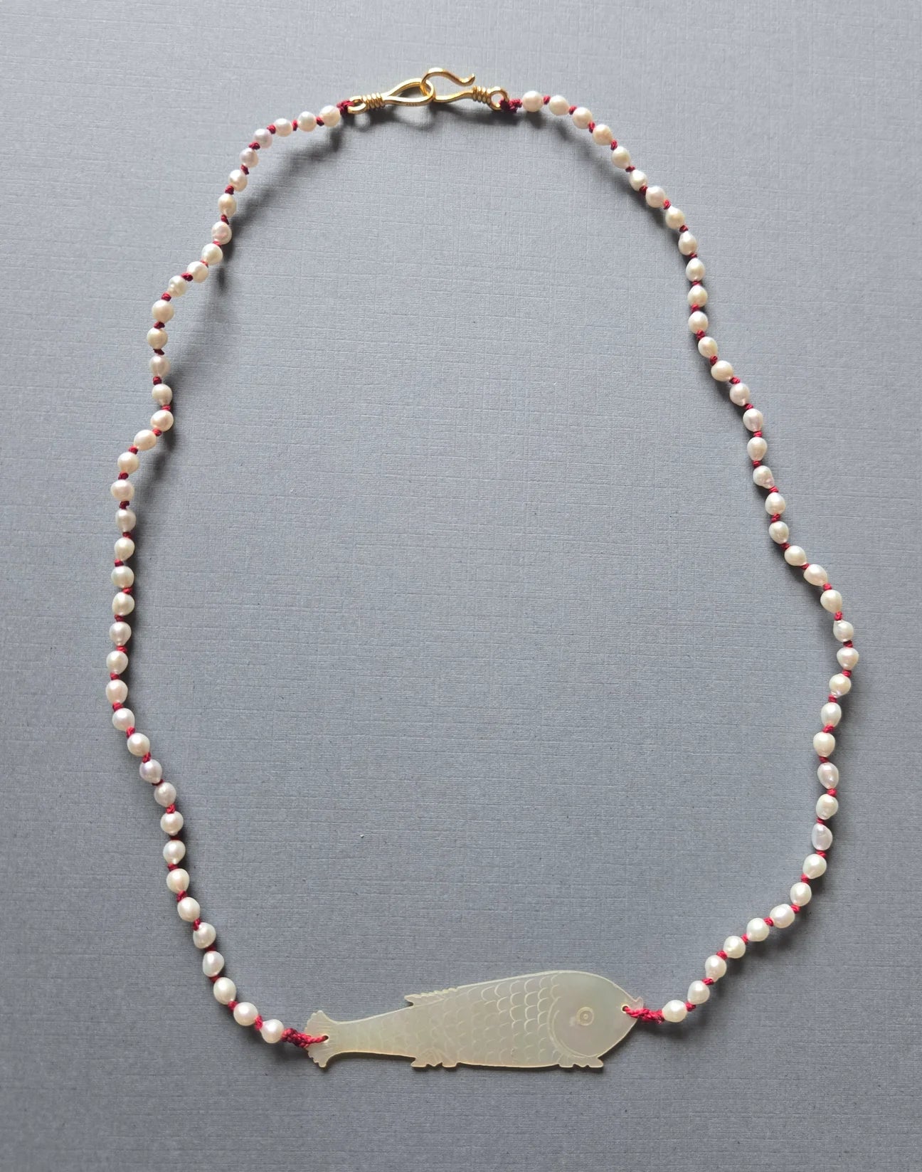 Silk Cord & Pearl Antique Fish Necklace