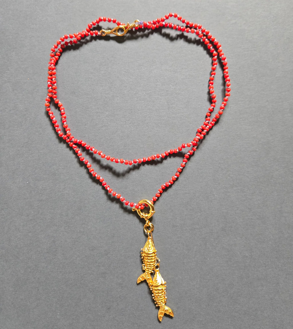 Silk Cord & Red Coral Beads with Gold Plated Fish Necklace