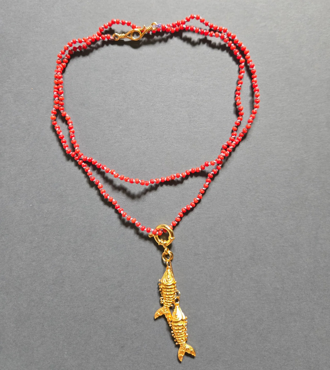 Silk Cord & Red Coral Beads with Gold Plated Fish Necklace