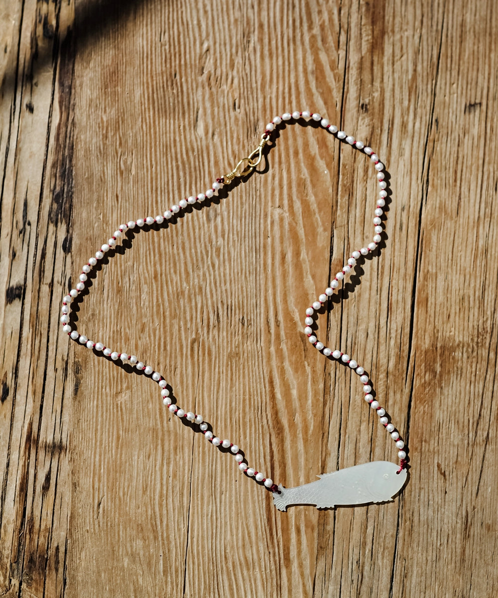 Silk Cord & Pearl Antique Fish Necklace