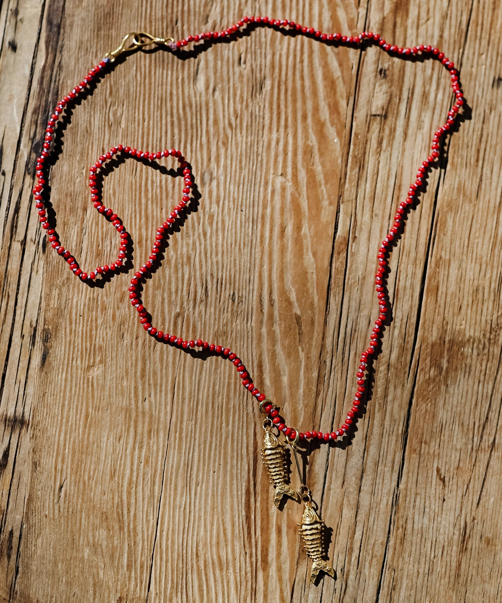 Silk Cord & Red Coral Beads with Gold Plated Fish Necklace