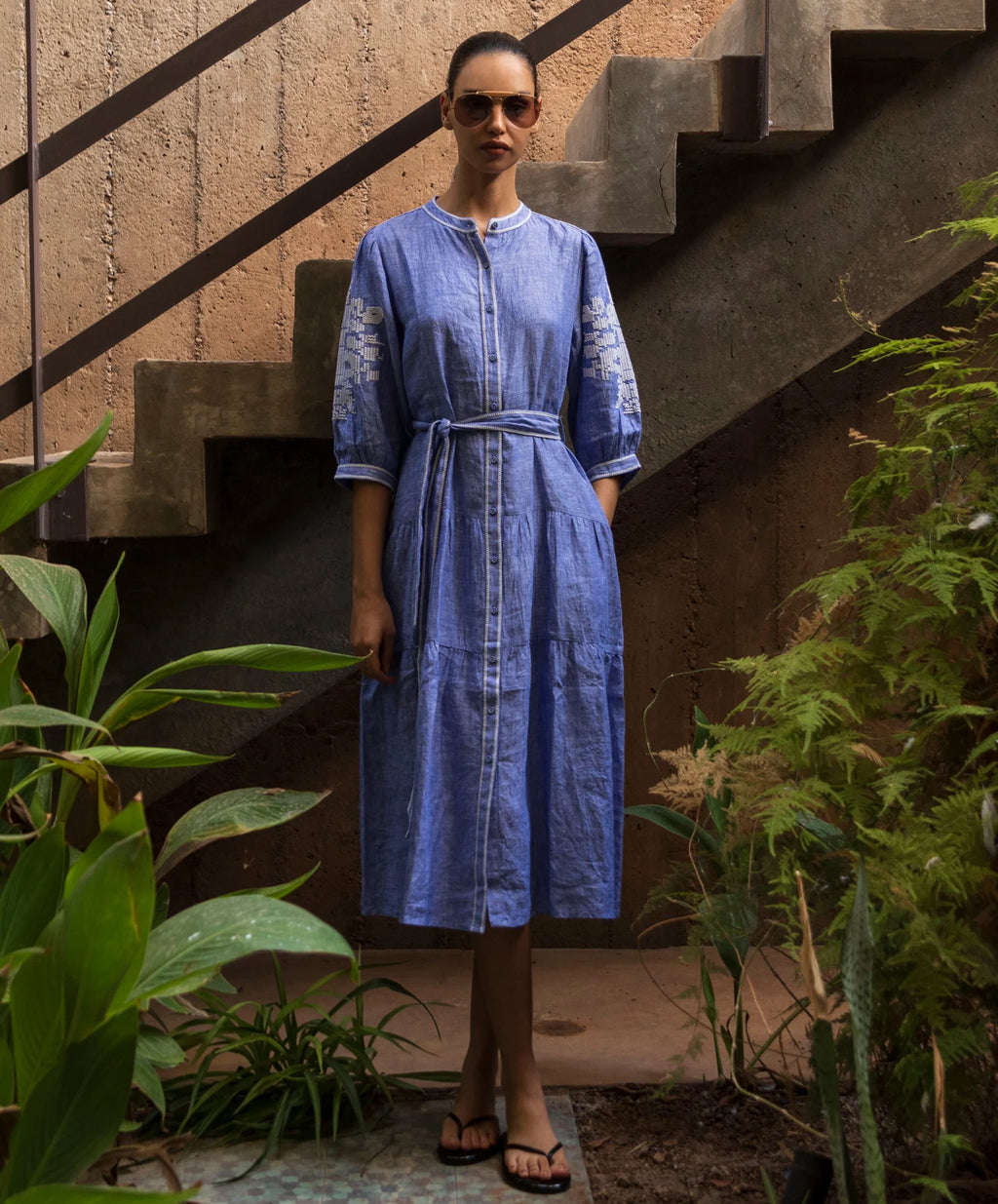 Pine Linen Dress Blue & White