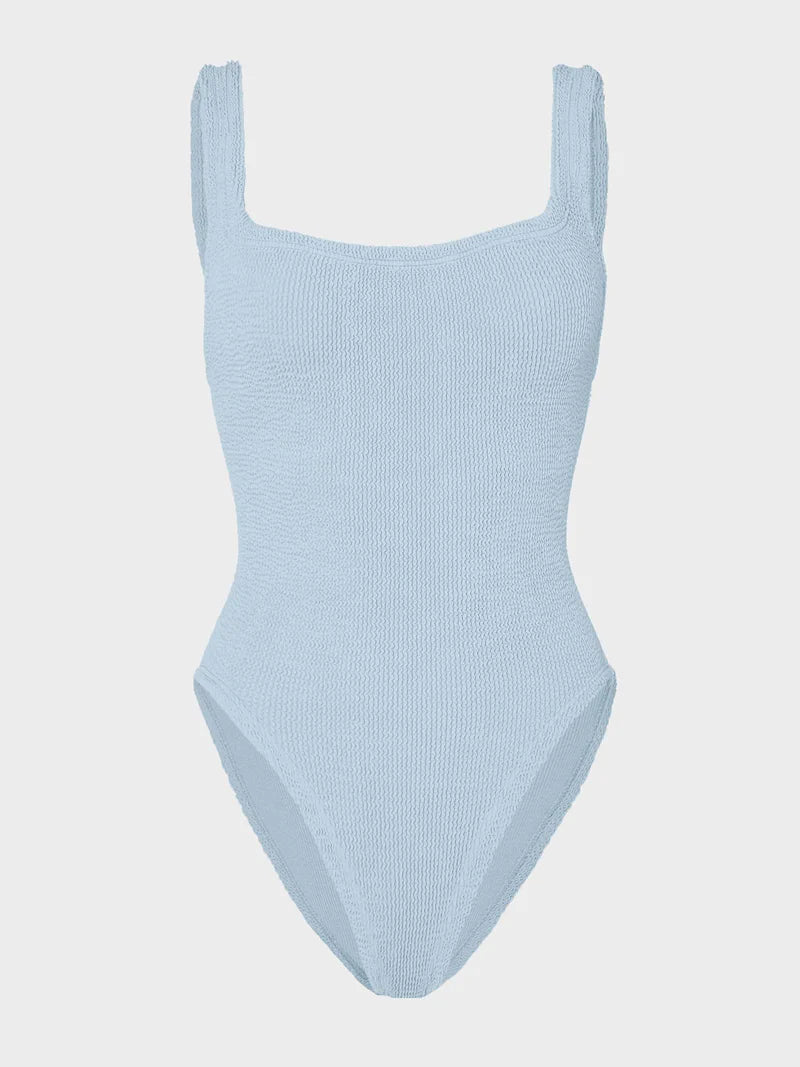 Square Neck Crinkle Swimsuit Metallic Ice Blue