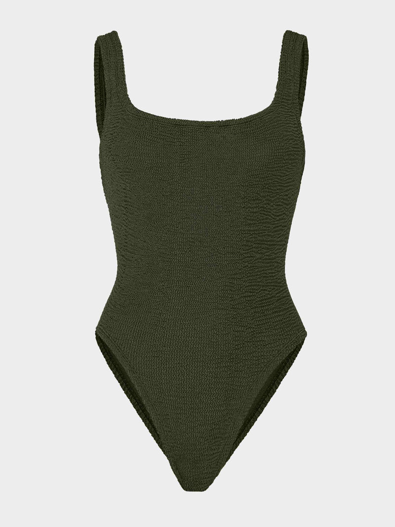 Square Neck Crinkle Swimsuit Metallic Khaki