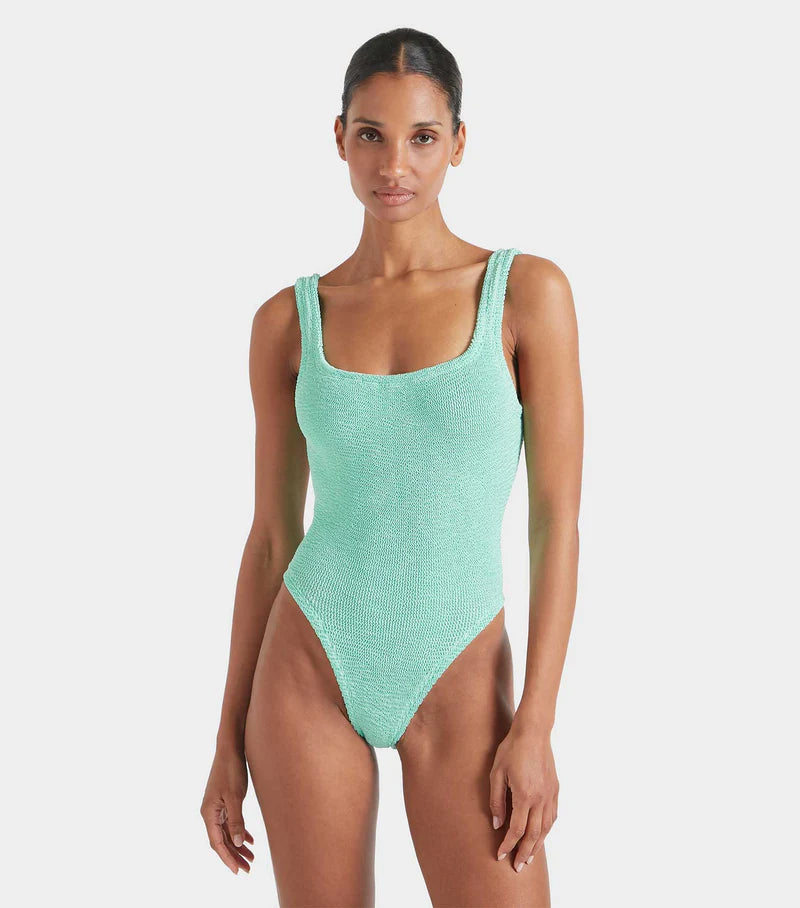 HUNZA G Square Neck Crinkle Swimsuit Metallic Mint | Halcyon Atelier