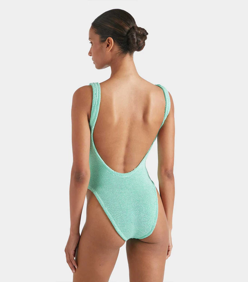 HUNZA G Square Neck Crinkle Swimsuit Metallic Mint | Halcyon Atelier