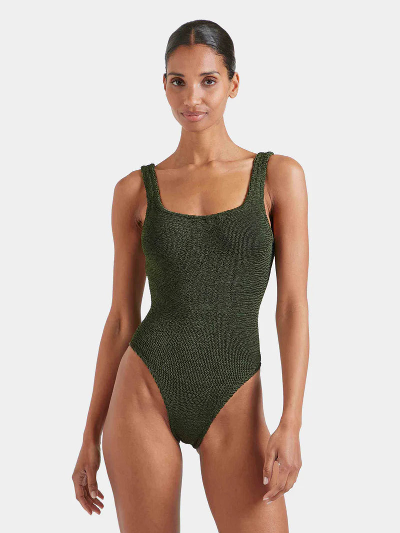 Square Neck Crinkle Swimsuit Metallic Khaki