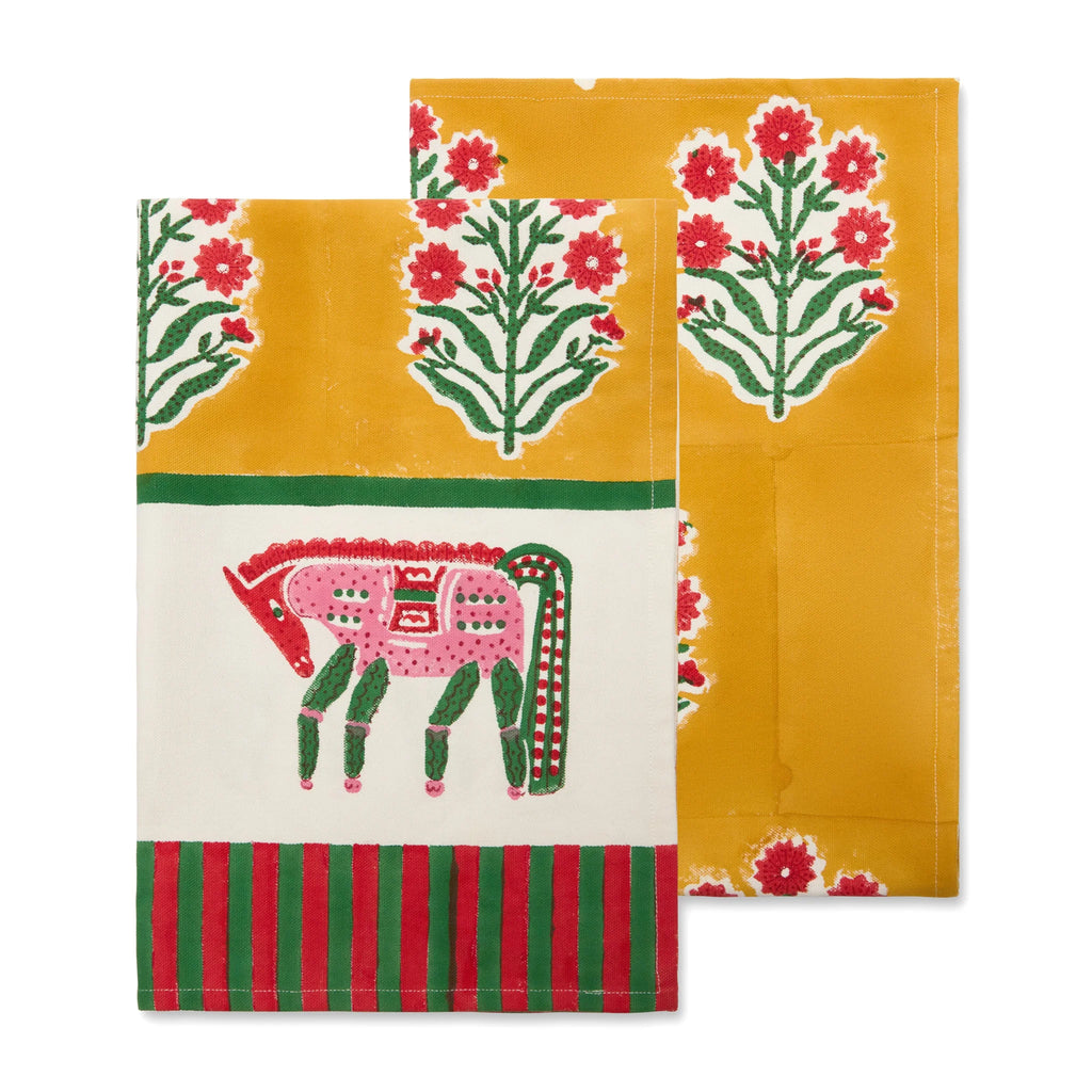 Horse Mustard & Green Tea Towels Set of 2
