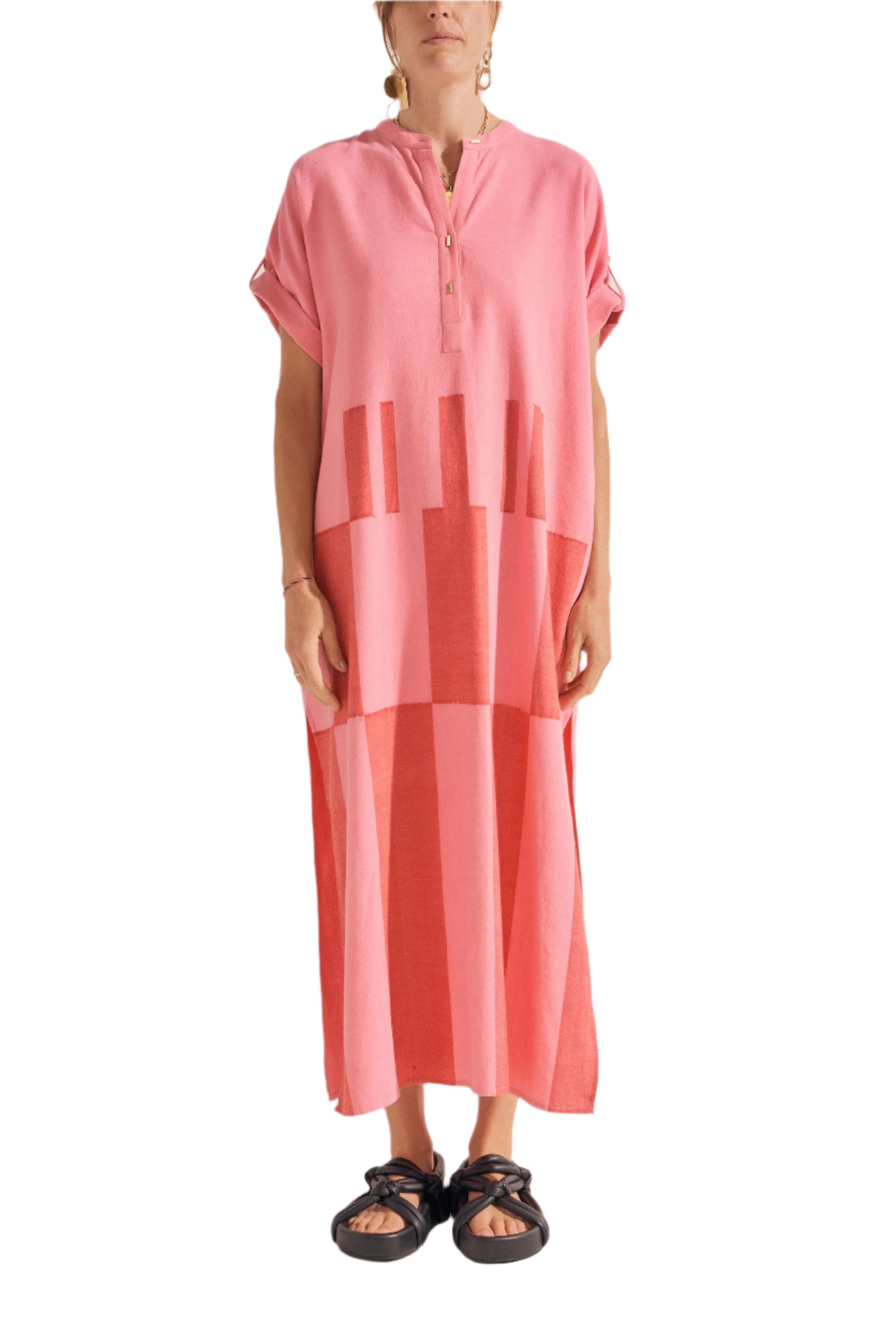 ILIO NEMA Castor Pink & Red Broken Stripe Caftan | Halcyon Atelier