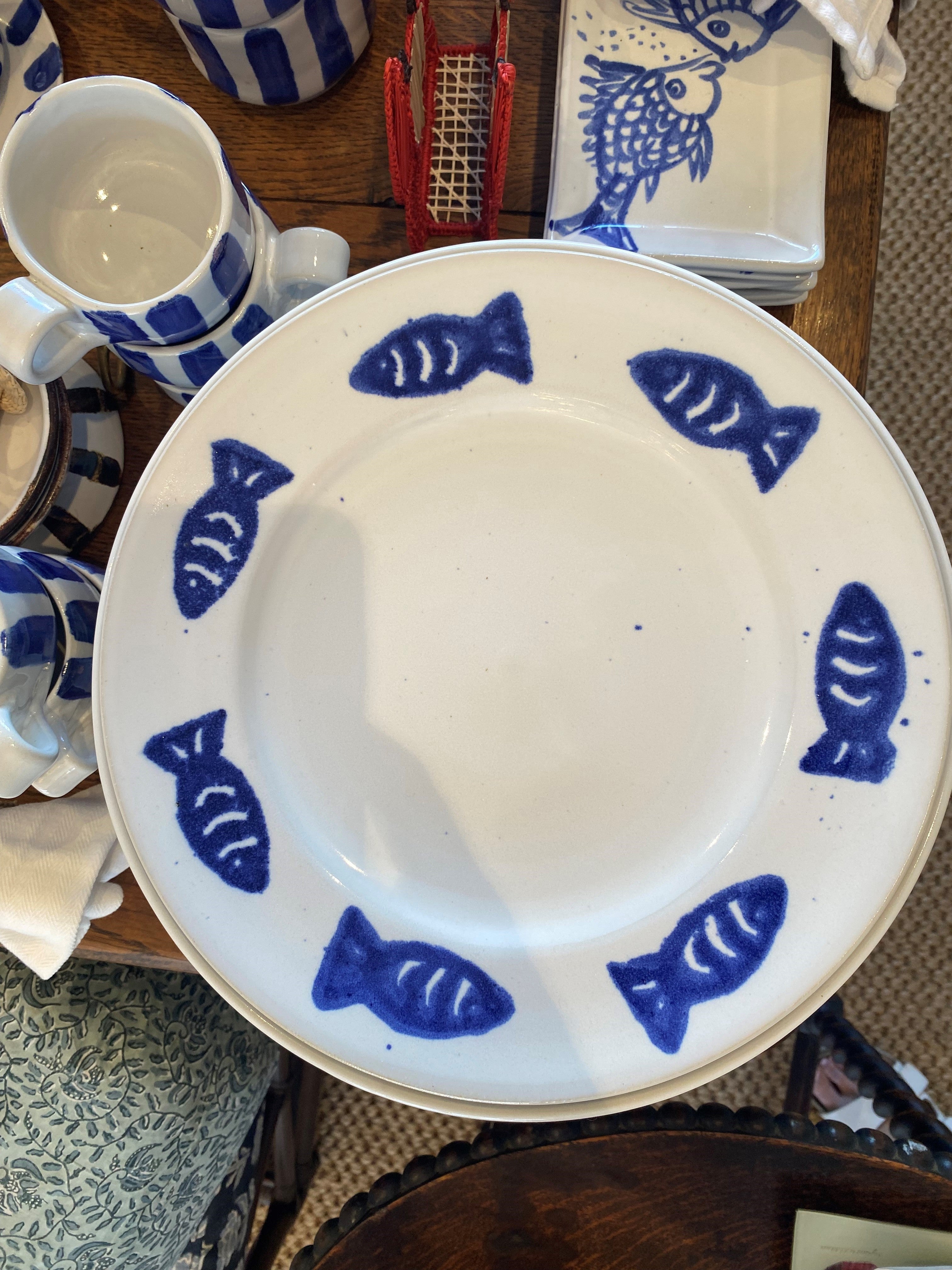 Large Dinner Plate - Blue Fish Rim