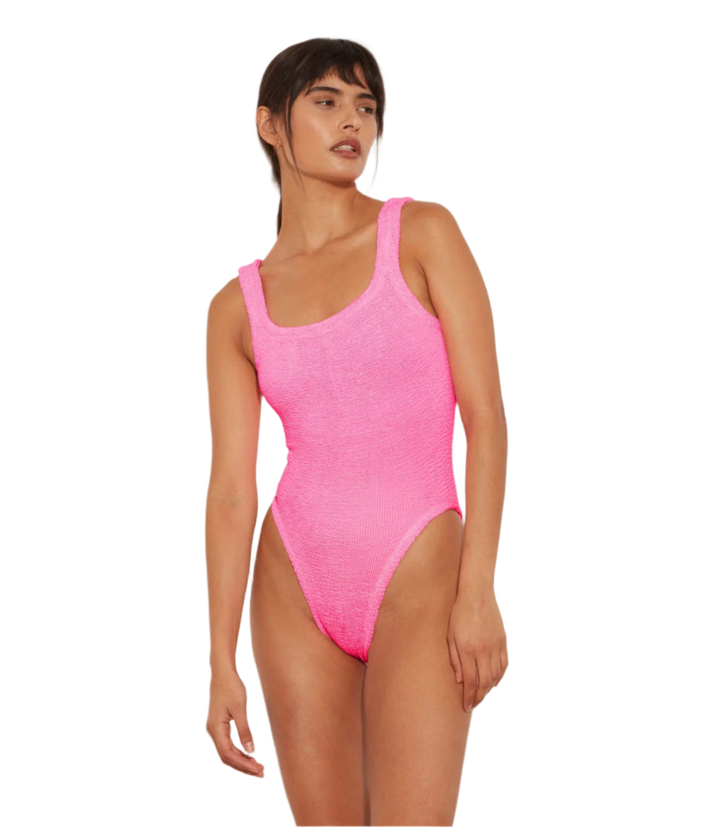HUNZA G Square Neck Crinkle Swimsuit Bubblegum | Halcyon Atelier