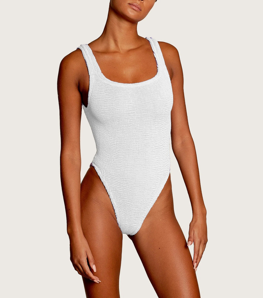 HUNZA G Square Neck Crinkle Swimsuit White | Halcyon Atelier